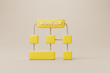 Business process and workflow automation with flowchart. Yellow cube arranging processing management. 3d rendering illustration - obrazy, fototapety, plakaty