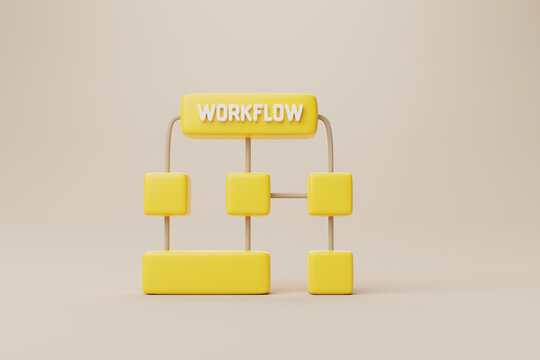 Business process and workflow automation with flowchart. Yellow cube arranging processing management. 3d rendering illustration