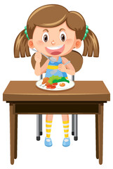 Cute girl cartoon character eating breakfast