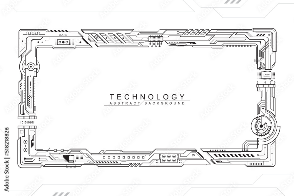 Aufkleber Technology black and white border frame design, Futuristic computer electronic technical component abstract background.