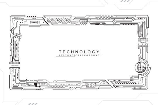Technology black and white border frame design, Futuristic computer electronic technical component abstract background.