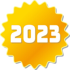 「2023」の文字が描かれたオレンジ色の歯車アイコンのベクターイラスト