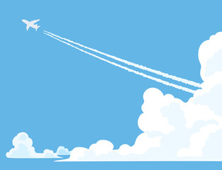 Fototapeta 夏空の入道雲の向こうに飛んでいくジェット機と飛行機雲　背景・壁紙 obraz