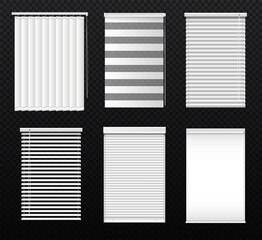 Shutters for windows set. Collection of blinds for sun protection, stylish modern elements for windows in home and office. Realistic 3d vector illustrations isolated on transparent background