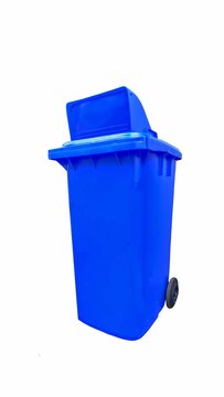 Blue garbage bin on a white background.