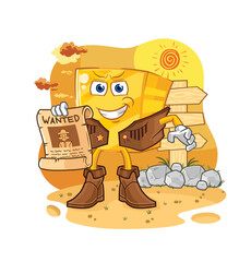 gold cowboy with wanted paper. cartoon mascot vector