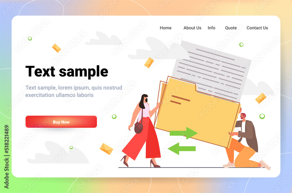 Poster businesspeople sending and receiving document folders exchange file sharing concept horizontal
