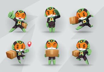 set of green black super hero robot mascot delivery package