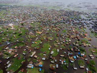 Aerial view of Lake Nokoue and Ganvie village