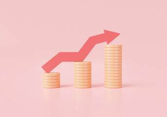 Money growth concept. Red up arrow and coin stacks. Financial success, Economic growth, online payment, business money investment, profit, coin, cash. 3d icon render illustration. cartoon minimal