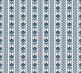 Vector ethnic embroidery blue color geometric stripes seamless pattern background. Surface pattern design. Use for fabric, textile, interior decoration elements, upholstery, wrapping.