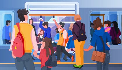 Fototapeta premium people inside subway metro train during trip passengers in public transport horizontal