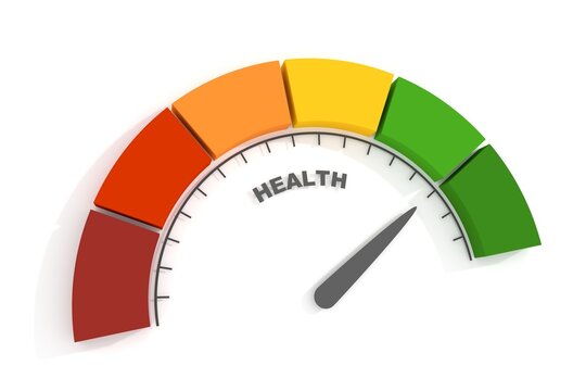 Color scale with arrow from red to green. The health level measuring device. 3D render