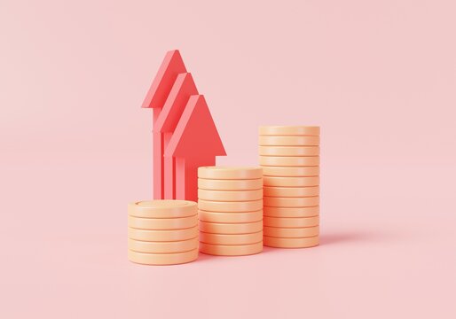 3d icon render illustration of Red up arrow and coin stacks. Economic growth, Financial success, business money investment, profit, coin up, cash. Money growth concept. cartoon minimal
