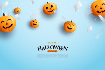 Halloween background vector with 3d pumpkin on bright blue background.