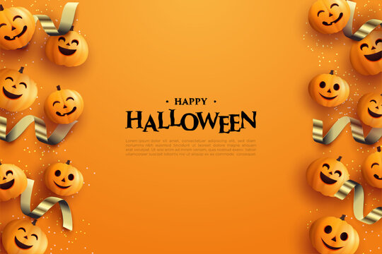 Halloween background with pumpkin and 3d gold ribbon.