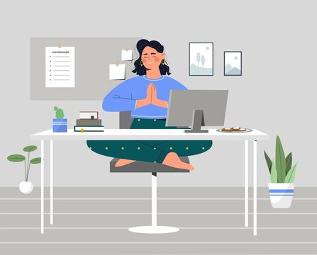 Businesswoman meditating at workplace. Woman sit in lotus position and works on laptop. Metaphor for calmness and concentration at work. Freelancer or remote employee. Cartoon flat vector illustration