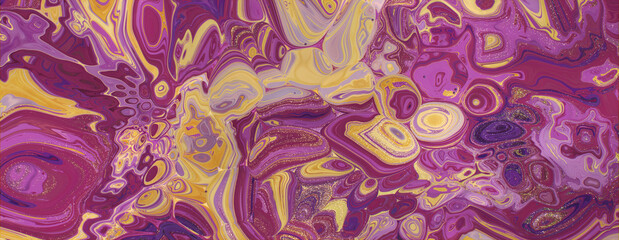 Flowing Abstract Marbling Banner in Beautiful Violet and Yellow colors. Liquid texture with Gold Glitter.