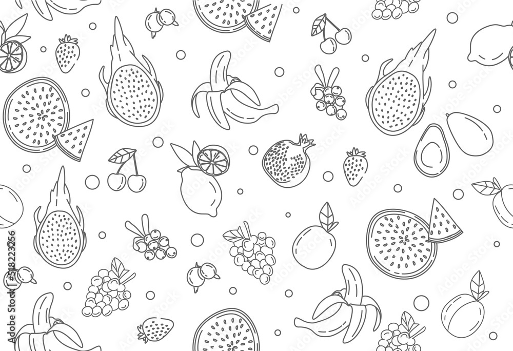 Poster hand drawn fruits seamless pattern. repeating image for printing on fabric or paper. pattern with ba