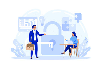 Business solution. Teamwork achievement. Cooperation concept. Group of men and women carries key to the keyhole. Vector illustration flat design. Effective work. Direction to success.