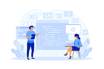 Programming courses web design concept with people. Students studying with computers scene. Online IT courses composition in flat style.