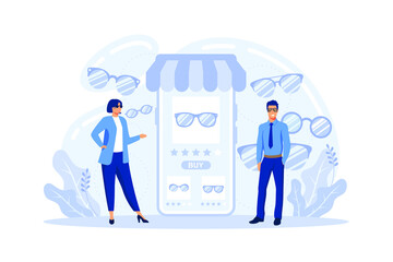 Online shopping web banner concept. E-commerce, customer on the sale. App on mobile phone. Glasses store.