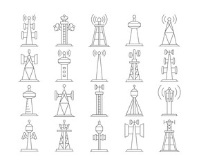 radio mask and communication tower icons set vector illustration