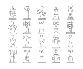 Fototapeta premium radio mast and communication tower icons set vector illustration