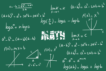Math exercises, formulas and equations for calculus, algebra on green chalkboard background - obrazy, fototapety, plakaty