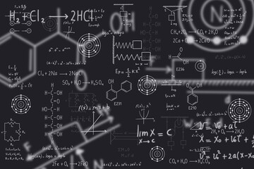 Calculus equations, algebra, organic chemistry, chemical reactions, chemical elements, physics, rectilinear motion, statics, electromagnetism, friction force, energy, with black background - obrazy, fototapety, plakaty