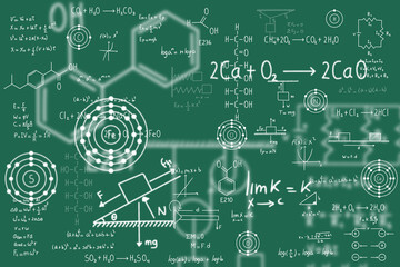 Calculus equations, algebra, organic chemistry, chemical reactions, chemical elements, physics, rectilinear motion, statics, electromagnetism, friction force, energy, with green background - obrazy, fototapety, plakaty