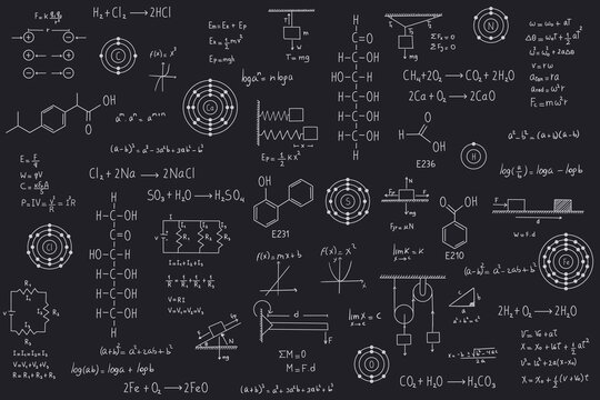 Calculus equations, algebra, organic chemistry, chemical reactions, chemical elements, physics, rectilinear motion, statics, electromagnetism, friction force, energy, with black chalkboard background
