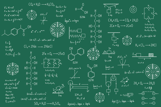 Calculus equations, algebra, organic chemistry, chemical reactions, chemical elements, physics, rectilinear motion, statics, electromagnetism, friction force, energy, with green chalkboard background