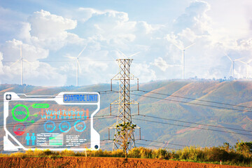 eletricity  pole with wind turbine plant with technology futuristic icon get eletric current from...