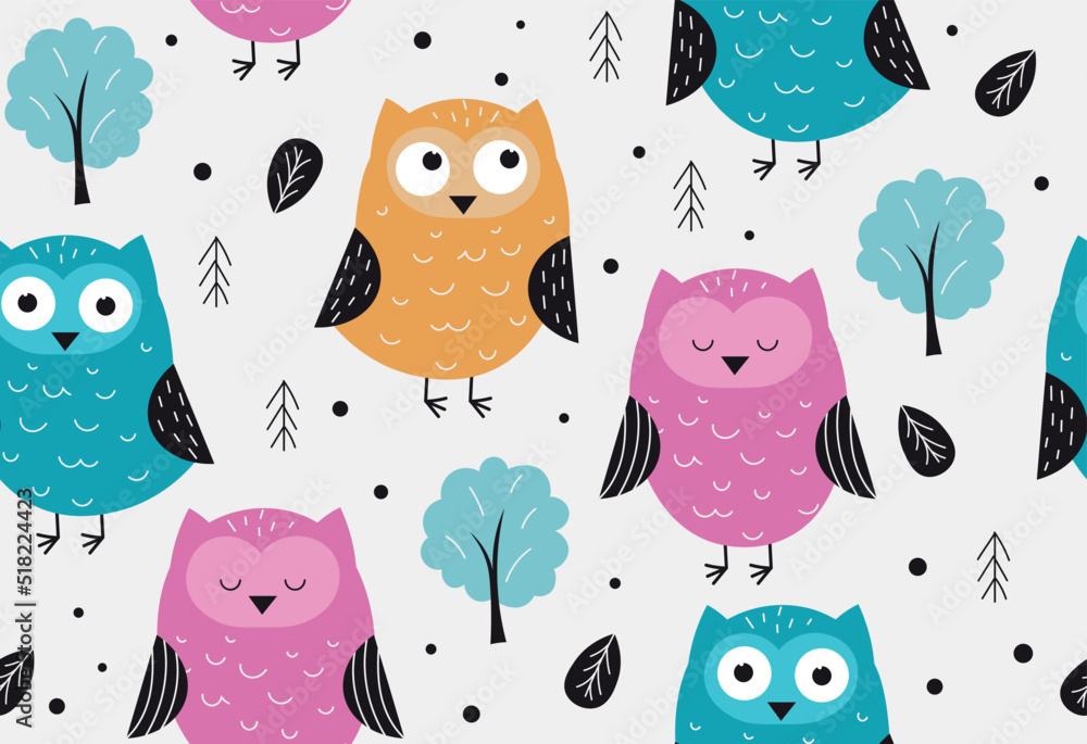 Poster owls seamless pattern. repeating image with colorful birds, leaves and trees. design element for pri