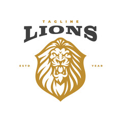 Vintage lion head and shield emblem logo design. Linear lion shield vector icon
