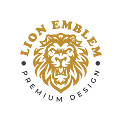 Ferocious lion head circle emblem logo design. Angry lion mascot vector icon