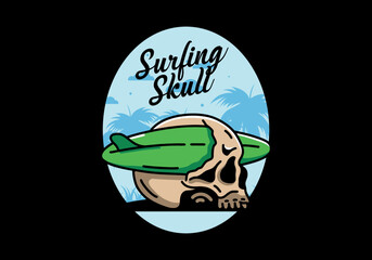 Surfboard piercing the skull illustration design
