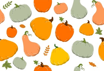 Pumpkins seamless pattern. Repeating image for printing on paper. Vegetables and autumn harvest. Natural, fresh and organic products. Agricultural design element. Cartoon flat vector illustration