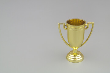 Golden champion trophy cup on gray background with copy space