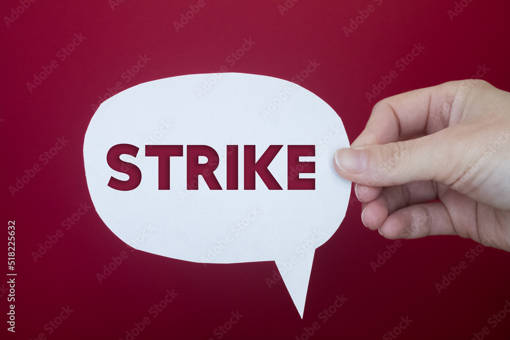 Poster speech bubble in front of colored background with strike text.