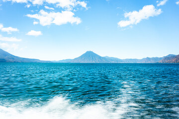 Beautiful landscape from speedboat, Lake Atitlan, Guatemala