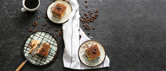 Plates with tasty tiramisu and coffee on dark background with space for text