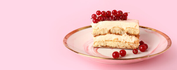 Plate with tasty tiramisu on pink background with space for text