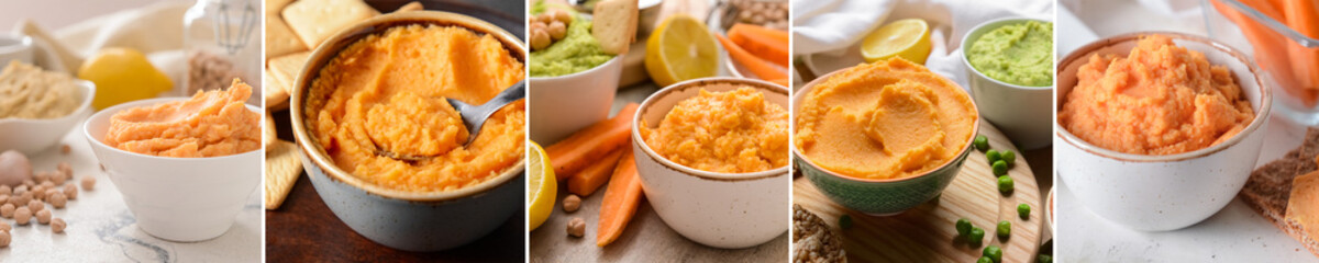 Set of tasty carrot hummus in bowls on table, closeup