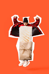 Jumping young man with tasty doner kebab instead of his body on orange background