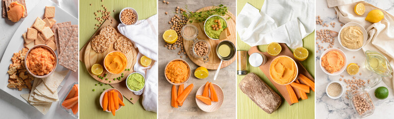Set of tasty carrot hummus in bowls on table, top view