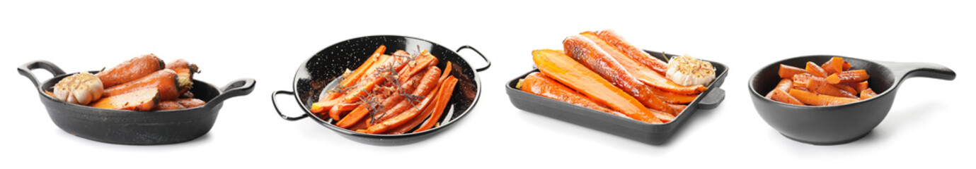 Frying pan with tasty roasted carrot on white background