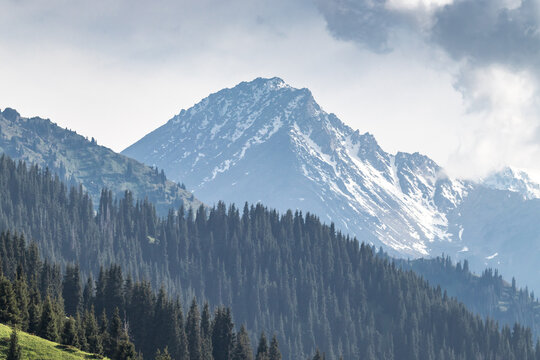 View from kok jailau on big almaty peak. Almaty mountains travel background.