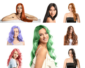 Set of beautiful young women with unusual hair colors on white background